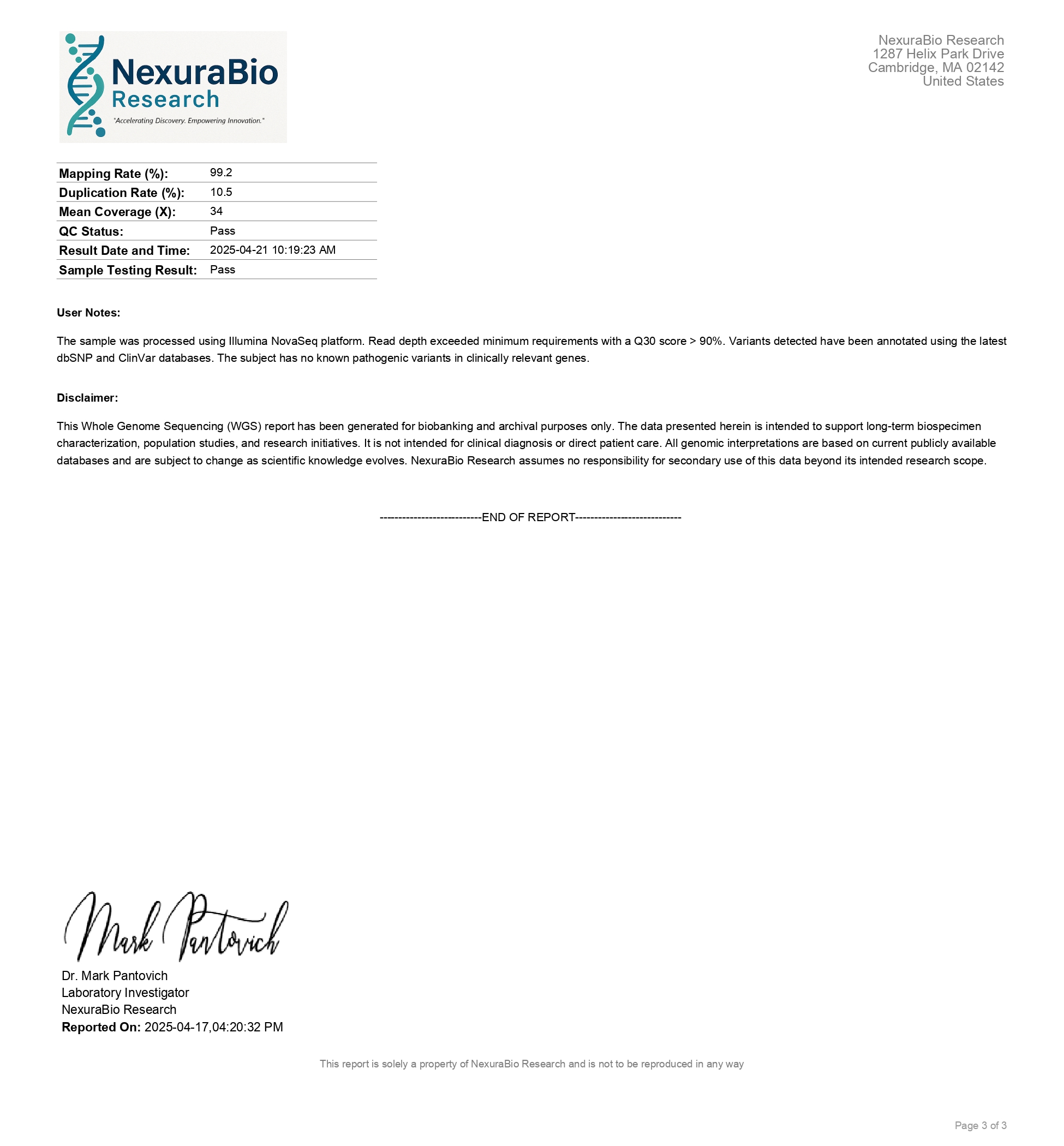 Certificate of Analysis
